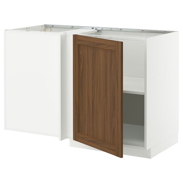 Modern kitchen cabinet with walnut-look door, white frame.