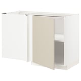 A white METOD kitchen module with a beige door and open shelves. It a clean, modern design with a sturdy frame and adjustable shelves.