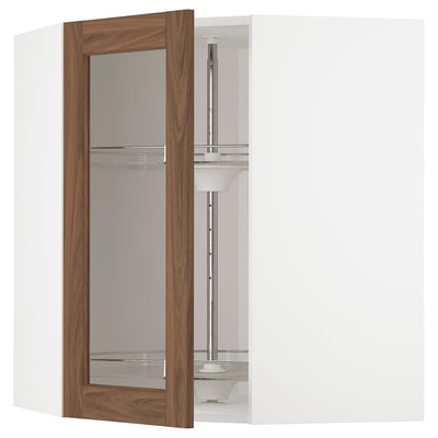 Walnut-colored METOD kitchen cabinet with mirrored door and white interior.