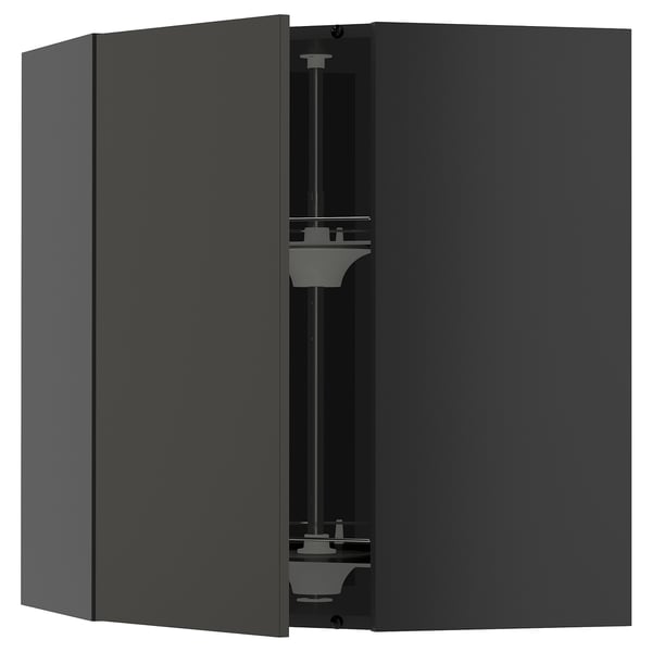 Black ikea METOD kitchen cabinet with glass shelf, square, sleek modern design.