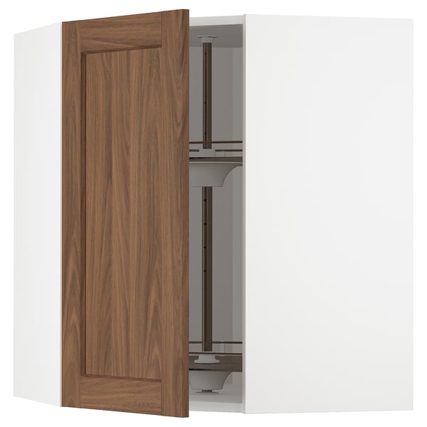 Modern kitchen cabinet with walnut finish, adjustable shelf, and built-in carousel for easy access.