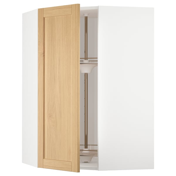An open METOD kitchen cabinet with a light wood door. The cabinet is white with a modern design and glass shelves.