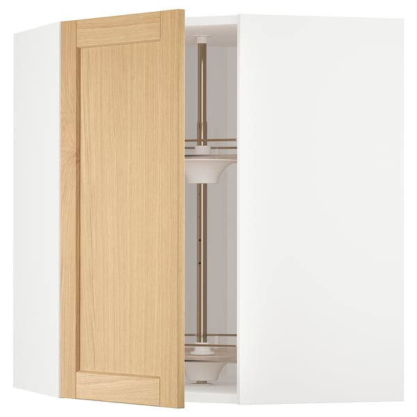 Open wooden cabinet, light oak with glass shelves.