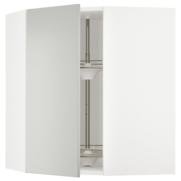 White METOD kitchen corner cabinet with open doors showing carousel shelves.