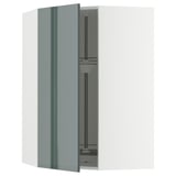 A modern kitchen cabinet from METOD in high-gloss grey-green, featuring a corner carousel for storage.