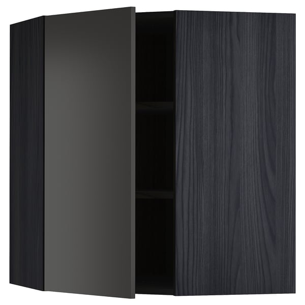 Ikea METOD wall cabinet in dark gray. Rectangle shape with one open door showing a shelve inside. Modern and sleek design.