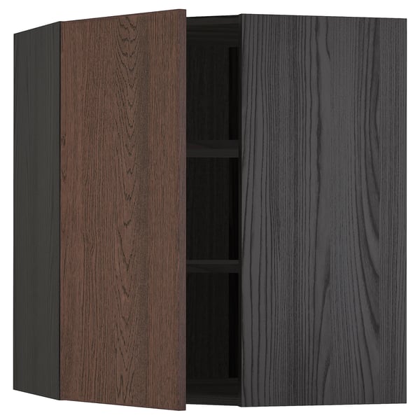 A dark brown ikea METOD kitchen cabinet with a wooden grain finish and adjustable shelves.