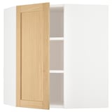 METOD kitchen cabinet in white with oak door open; adjustable shelf, beveled edges.