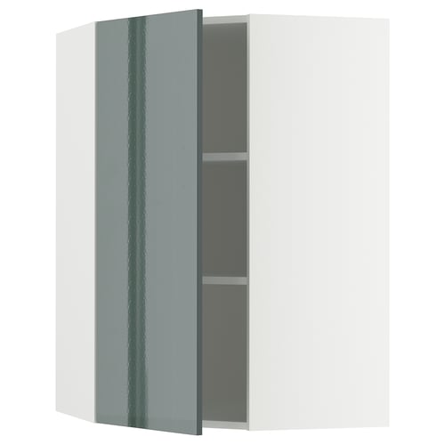 METOD gray-green glossy kitchen cabinet, sleek rectangular design, open door revealing adjustable shelf.