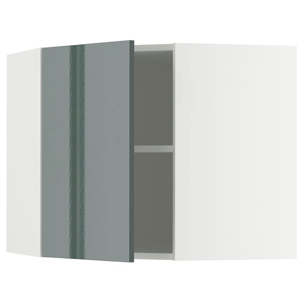Image shows a modern, high-gloss grey-green METOD kitchen cabinet with one door open.