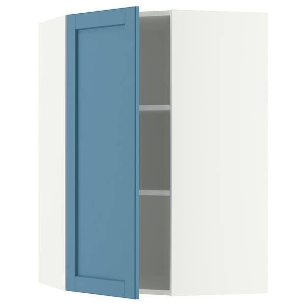 METOD Corner wall cabinet with shelves, white/Lerhyttan blue, 68x100 cm