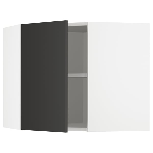Modern black ikea METOD kitchen cabinet with white interior and adjustable shelf.