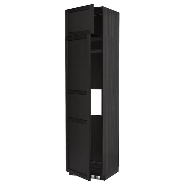 An open black stained wooden cabinet with multiple shelves from the METOD kitchen system.
