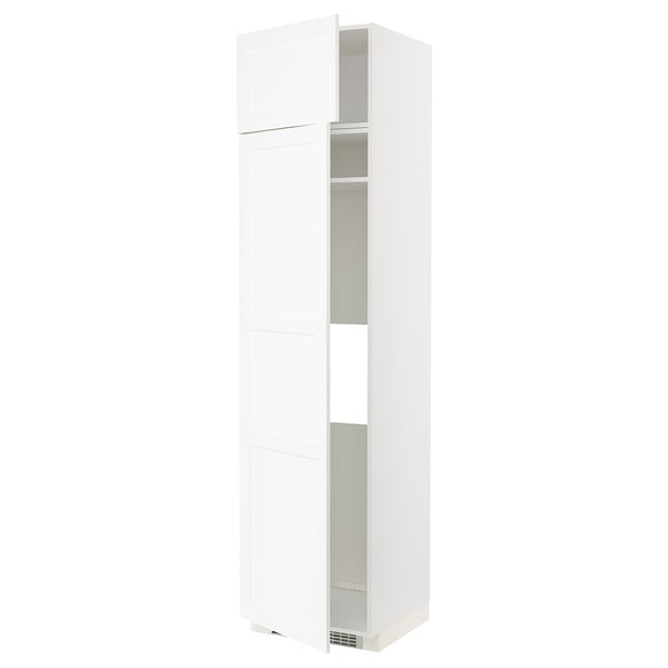White kitchen cabinet, one door open showing adjustable shelves. Modern design, particleboard & melamine, great for organizing.
