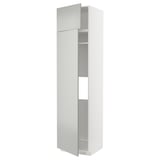 White tall storage cabinet, modern design with gray shelves.