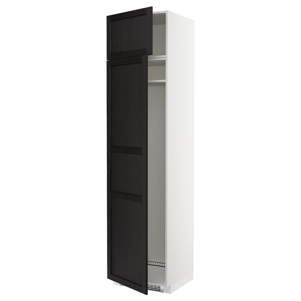 White ikea METOD kitchen cabinet, black stained wooden door, adjustable shelves.
