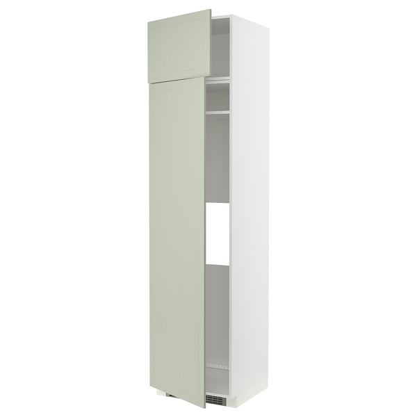 A METOD tall kitchen cabinet with green stensund fronts, featuring a sleek, rectangular shape and adjustable shelves.