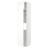 High white kitchen cabinet by ikea METOD, sleek design with grey shelves visible through glass door.