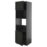Black kitchen cabinet with door open, revealing shelves, part of the METOD system.