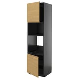 A tall, dark gray kitchen cabinet with a wooden top door and bottom drawer, featuring a modern design.