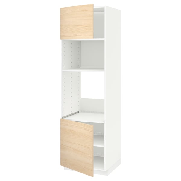 White METOD kitchen unit with light ash doors, tall and narrow, adjustable shelves.