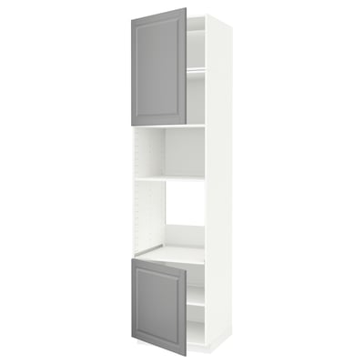 A white and grey METOD kitchen cabinet with two open doors revealing shelves inside.