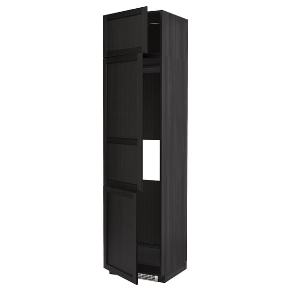 Black tall kitchen cabinet with open door, dark wood finish, rectangular shape, and adjustable shelves.
