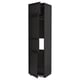 Black tall kitchen cabinet with open door, dark wood finish, rectangular shape, and adjustable shelves.