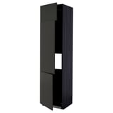 Black METOD kitchen cabinet, tall, modern, with one open door, sleek design.