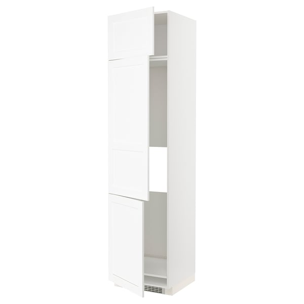 METOD, a white kitchen cabinet with sleek, wood-like grain, tall and rectangular, featuring adjustable shelves and durable fiberboard construction.