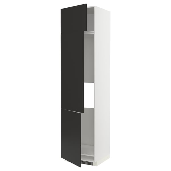 A white METOD tall kitchen cabinet with black doors. The cabinet is open, revealing shelves inside.