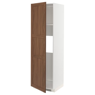 Ikea METOD kitchen cabinet with walnut brown door, white exterior, tall and narrow, open with adjustable shelf.