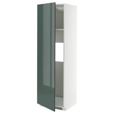 A tall white cabinet with a high-gloss green door partially open, revealing an adjustable shelf inside.