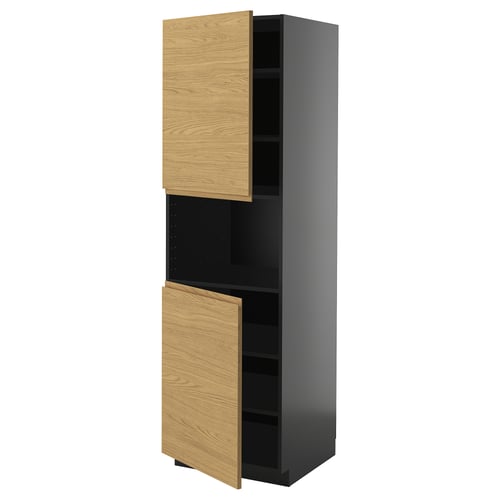 Modern tall cabinet, METOD series, black with oak doors, minimalist design.