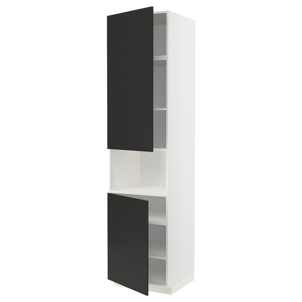 A white METOD kitchen cabinet with black doors, featuring a sleek, modern design.