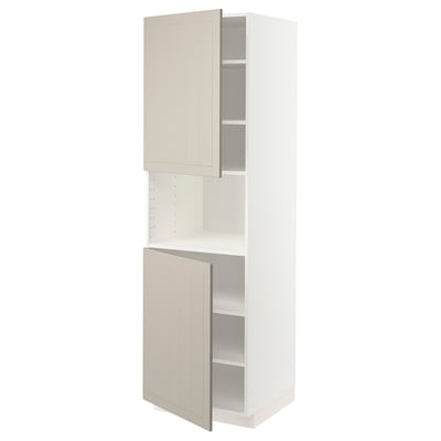 A white METOD kitchen cabinet with beige doors, featuring adjustable shelves and sturdy construction.