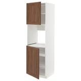 METOD white cabinet with walnut doors, tall and slim, two shelves.