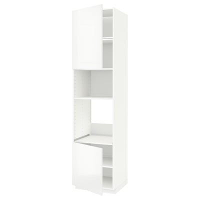 A white METOD tall kitchen cabinet with adjustable shelves. It a modern, high-gloss design with various compartments for storage.