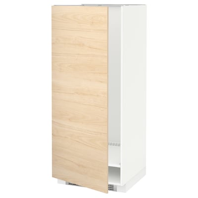 White and light wood cabinet, modern design, square shape, with adjustable shelf.