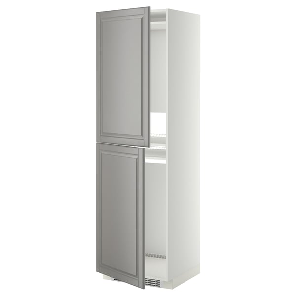 Tall white storage cabinet with grey doors, adjustable shelves, and bevelled edges.