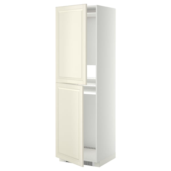 Ikea METOD off-white kitchen cabinet: tall, cream cabinet with two doors, adjustable shelves, and beveled edges.