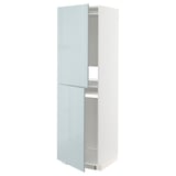A modern, tall ikea METOD cabinet with grey-blue high-gloss kallarp doors, featuring an adjustable shelf and a sleek, minimalist design.
