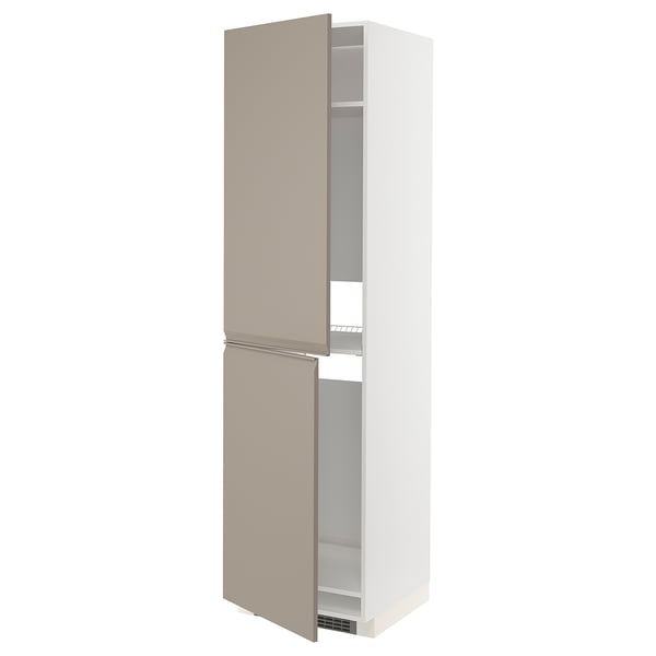A tall, white ikea METOD kitchen cabinet with beige doors and shelves, featuring a sleek, modern design with integrated handles.