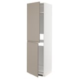 A tall, white ikea METOD kitchen cabinet with beige doors and shelves, featuring a sleek, modern design with integrated handles.