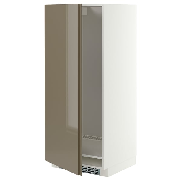 METOD High cabinet for fridge/freezer, white/VOXTORP high-gloss dark grey-brown vertical, 60x60x140 cm
