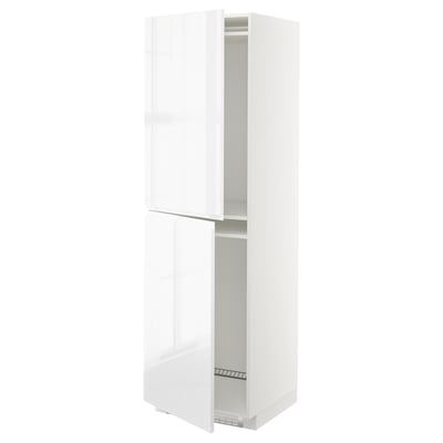 White METOD high gloss kitchen cabinet with integrated handles, door open.