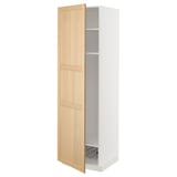 METOD white kitchen cabinet with oak door, tall, rectangular, three shelves.