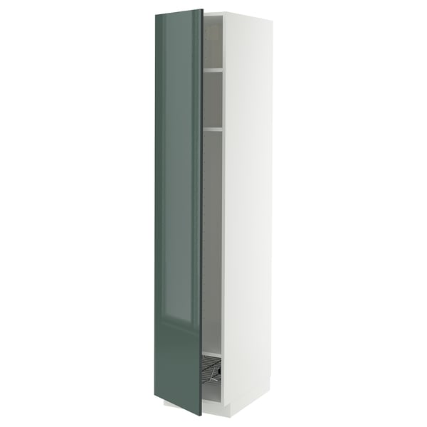 Modern kitchen cabinet, tall, green high-gloss, white frame, open door.