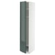 Modern kitchen cabinet, tall, green high-gloss, white frame, open door.