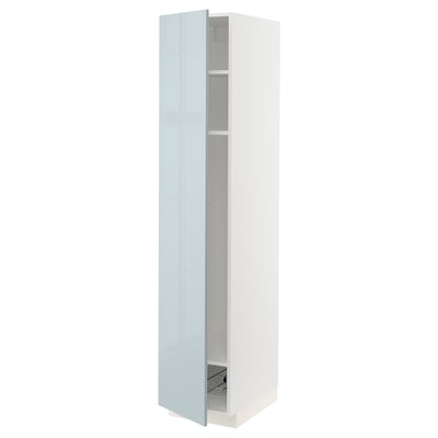 Modern, tall, grey-blue kitchen cabinet with adjustable shelves and metallic accents.
